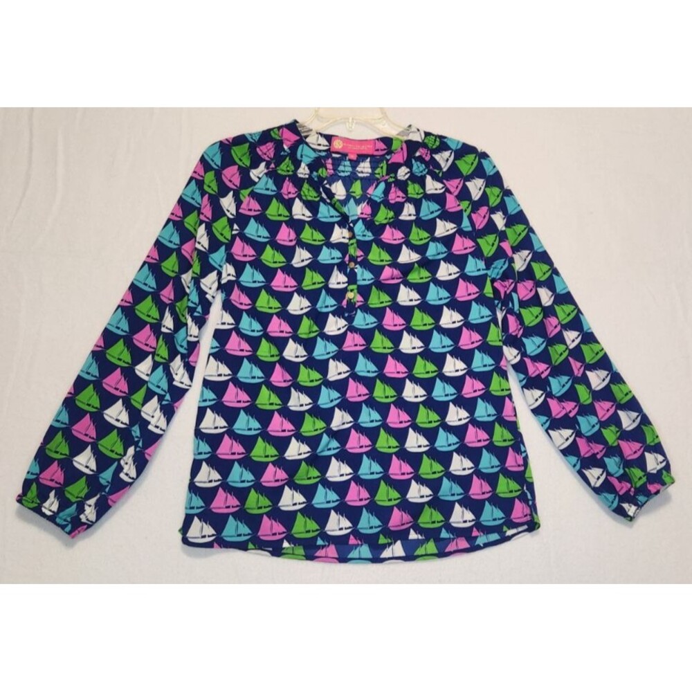 Macbeth Collection Medium Long Sleeve Blue Sailboat Print Blouse VNeck